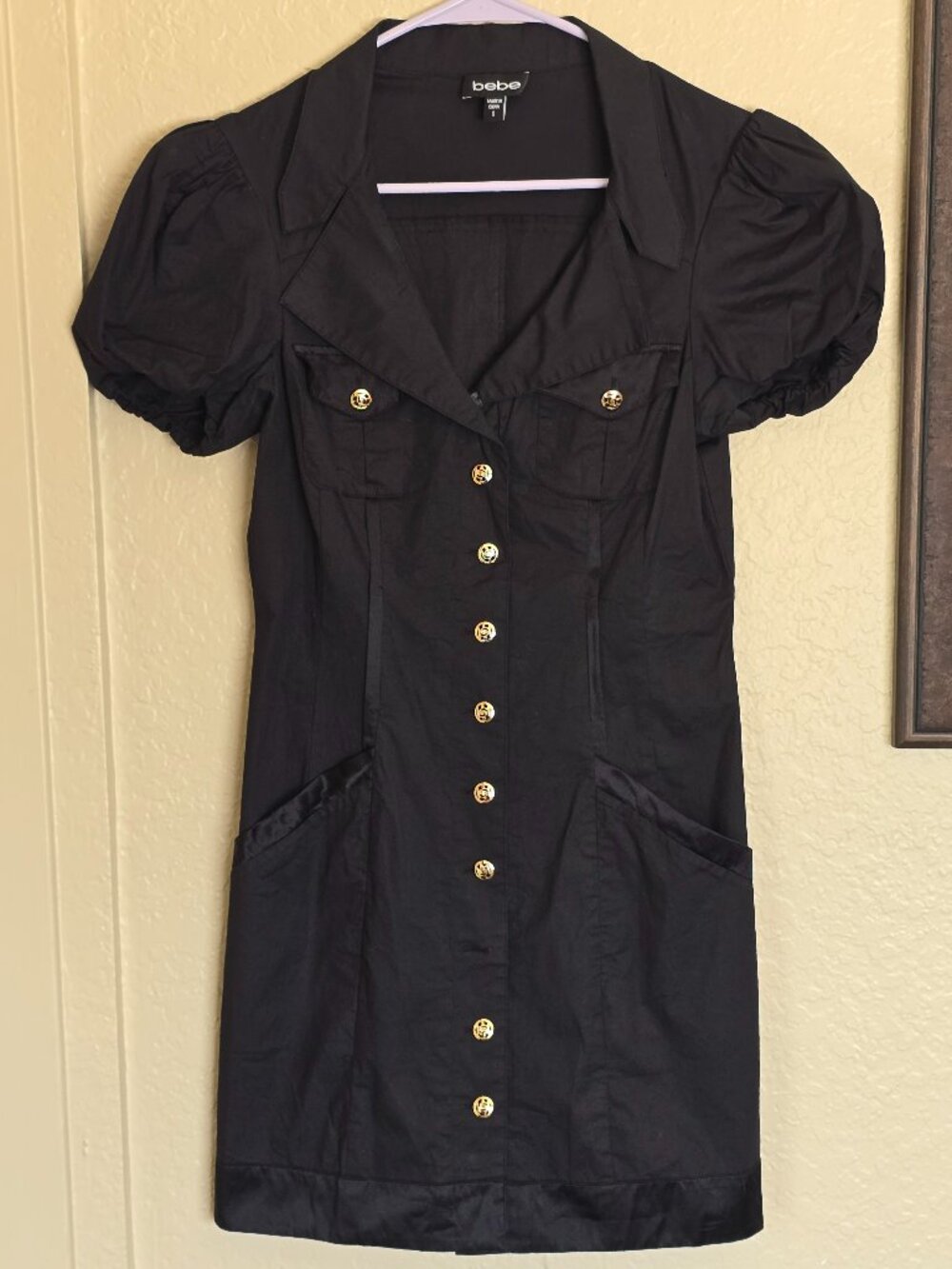Vintage Y2K BEBE Mini Dress Puffed Sleeves Black w Gold Buttons Women's Small